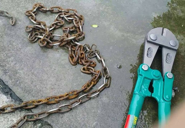 bolt cutters had to be used to remove the terrible chain